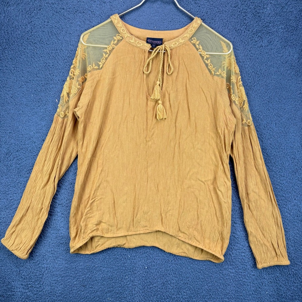 Shyanne Womens Mustard Yellow Embroidered Mesh Long Sleeve Boho Peasant Top M